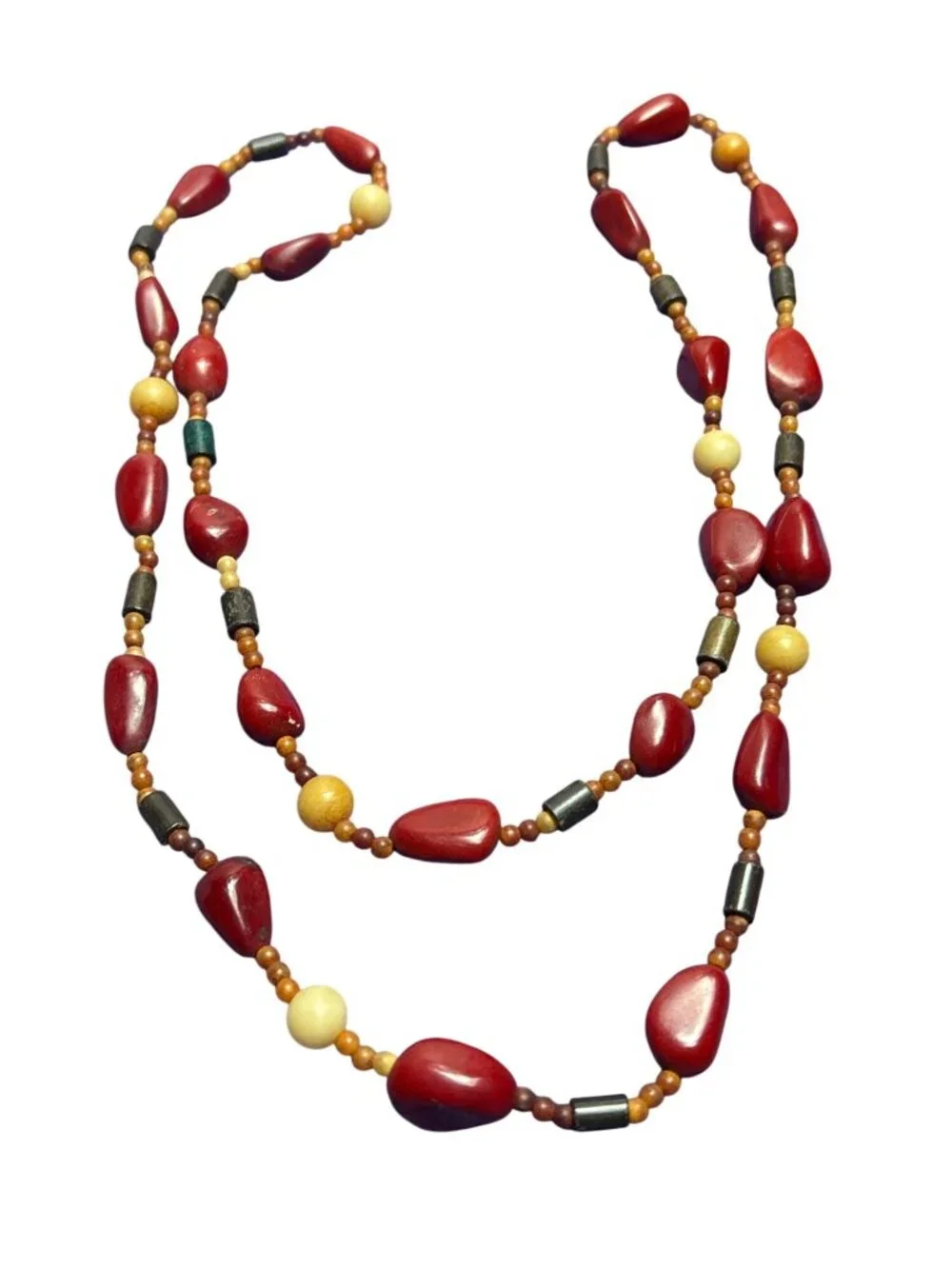 Vintage Artisan Plastic and Wooden Beaded Necklace No Clasp Red Brown Beige